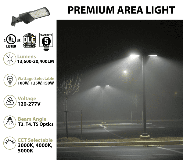 Pontrade | LED Premium Area/Parking Lot Light, 20,400 Lumen Max, Wattage and CCT Selectable, Includes T3, T4, T5 Optics, 120-277V