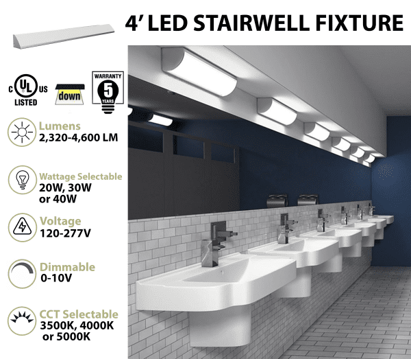 Pontrade | 4 Foot LED Stairwell / Corridor Light, 4600 Lumen Max, Wattage and CCT Selectable, 120-277V