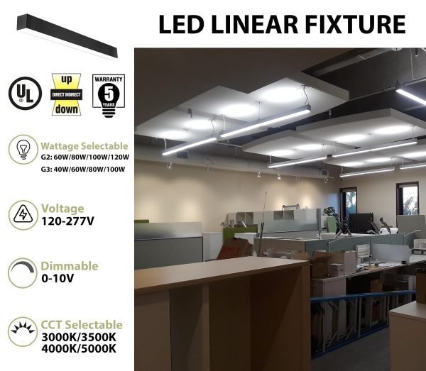 Pontrade | 8 FT LED Direct/Indirect Suspended Linear Fixture, 13800 Lumens, Wattage and CCT Selectable, 120-277V, Black, White or Silver Finish