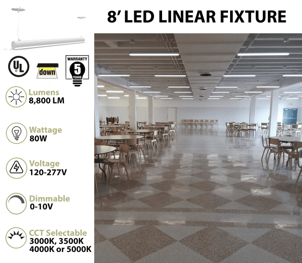 Pontrade | 8 FT LED Suspended Linear Fixture G2, 9600 Lumen Max, 80W, CCT Selectable, 120-277V, 0-10V Dimmable