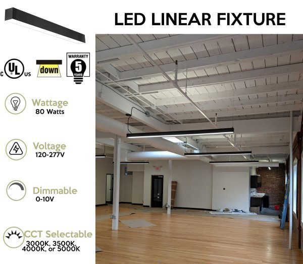 Pontrade | 8 FT LED Linear Fixture, 9600 Lumen Max, 80W, CCT Selectable, 120-277V, Black, White or Silver Finish