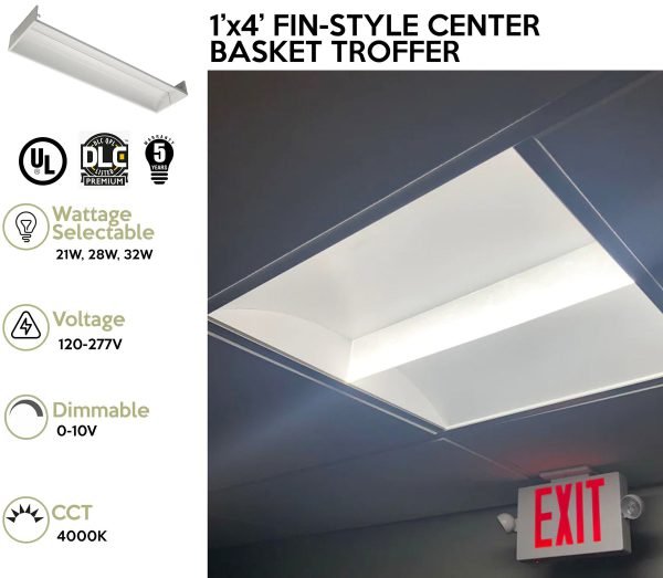 Pontrade | 1 x 4 Foot LED Fin-Style Center Basket Troffer, Wattage Selectable: 21/28/32, 120-277V, 4000K