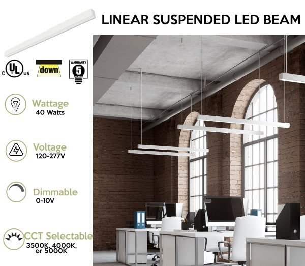 Pontrade | 4 FT Linear Suspended LED Beam, 4600 Lumen Max, 40W, CCT Selectable, 0-10V Dimmable, 120-277V, Transparent Frosted Housing, Power Feed Cable Included