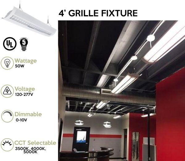 Pontrade | 4 Foot LED Direct/Indirect Grille Fixture With Metal Shade, 50W, 120-277V, CCT Selectable 3500K / 4000K / 5000K