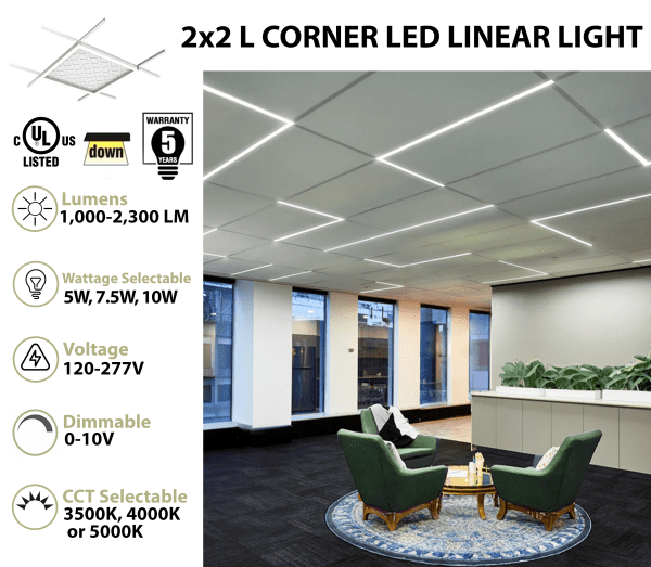 Pontrade | L Corner T-Grid LED Linear Light, 2300 Lumens, Wattage and CCT Select, 120-277V