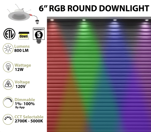 Pontrade | 6 Inch LED RGB+W Smart Round Downlight Retrofit, 12W, CCT Selectable, 120V
