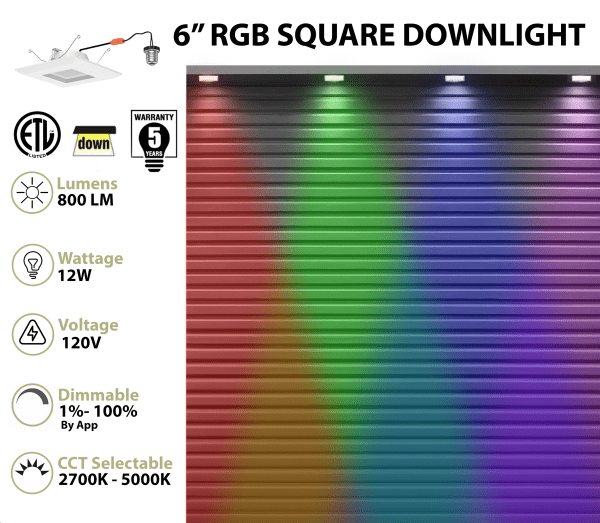 Pontrade | 6 Inch LED RGB+W Smart Square Retrofit Downlight, 12W, CCT Selectable, 120V