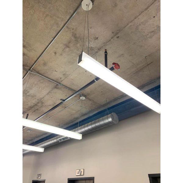 Pontrade | 8 FT Linear Suspended LED Beam, 9200 Lumen Max, 80W, CCT Selectable, 0-10V Dimmable, 120-277V, Transparent Frosted Housing, Power Feed Cable Included